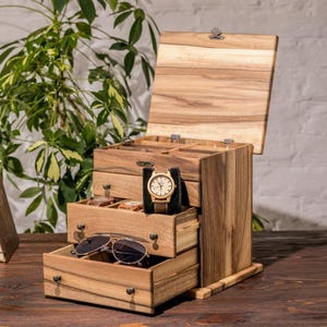 Large Walnut Jewelry Box with Drawers | Mid Century Modern Wood Organizer | Luxury Watch & Sunglasses Case | Personalized Gift for Her image 19