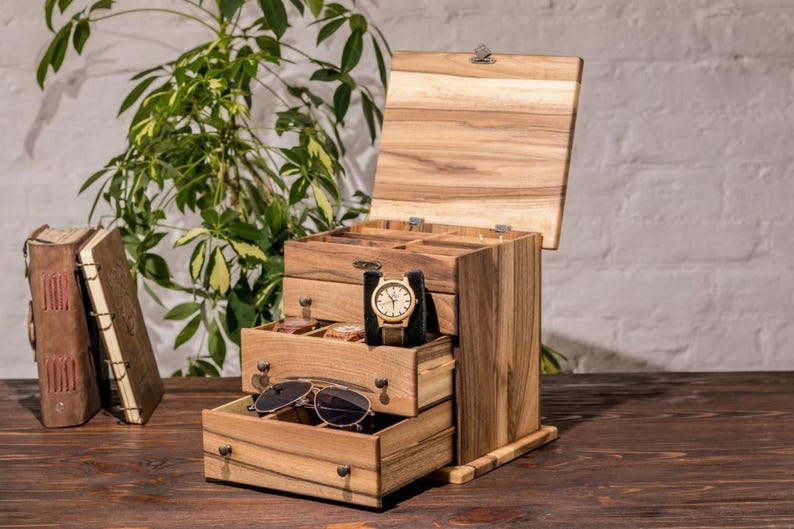 Large Walnut Jewelry Box with Drawers | Mid Century Modern Wood Organizer | Luxury Watch & Sunglasses Case | Personalized Gift for Her image 19