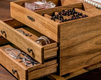 Personalized Jewelry Box for Her | Large Walnut Wooden Jewelry Organizer | Engraved Heirloom Gift for Wife Mom | Anniversary Birthday