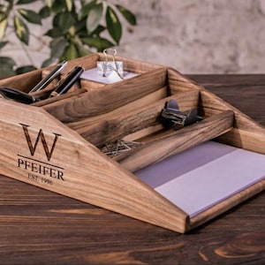 Walnut Desk Organizer Wooden Tray for Paper Office Organization Phone Holder Custom Tray Holder Wooden Pen Stand Gift for Boss, Gift image 1