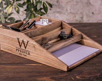 Walnut Desk Organizer Wooden Tray for Paper Office Organization Phone Holder Custom Tray Holder Wooden Pen Stand Gift for Boss, Gift