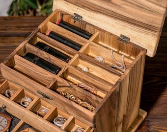 Personalized Walnut Wood Jewelry Organizer Custom Engraving Gift Wrapping & Divided Compartments Watch Box with Gift Wrapping and Custom