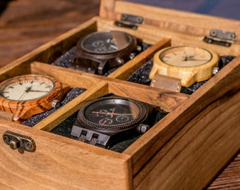 Personalized Watch Box For Men, 4 Divider Slots Engraved Wooden Jewelry Display Organizer with Text, Custom Valentines Gift For Him