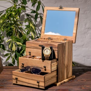 Large Walnut Jewelry Box with Drawers | Mid Century Modern Wood Organizer | Luxury Watch & Sunglasses Case | Personalized Gift for Her image 18