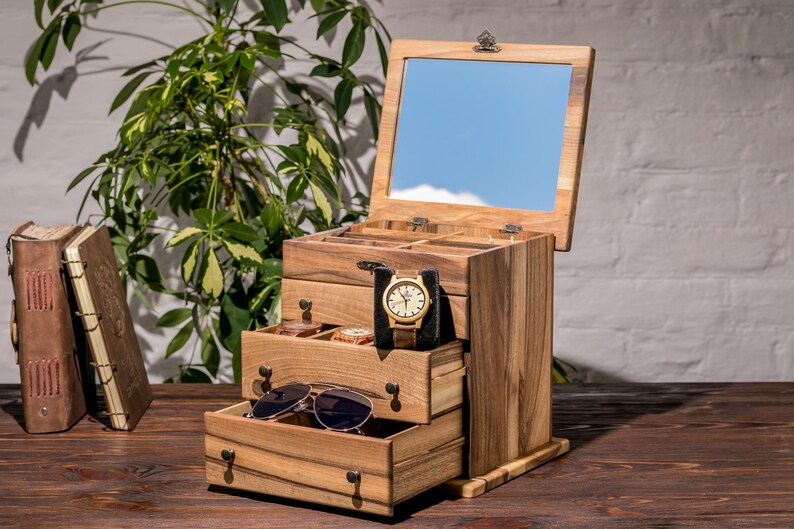 Large Walnut Jewelry Box with Drawers | Mid Century Modern Wood Organizer | Luxury Watch & Sunglasses Case | Personalized Gift for Her image 18