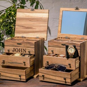Large Walnut Jewelry Box with Drawers | Mid Century Modern Wood Organizer | Luxury Watch & Sunglasses Case | Personalized Gift for Her image 4