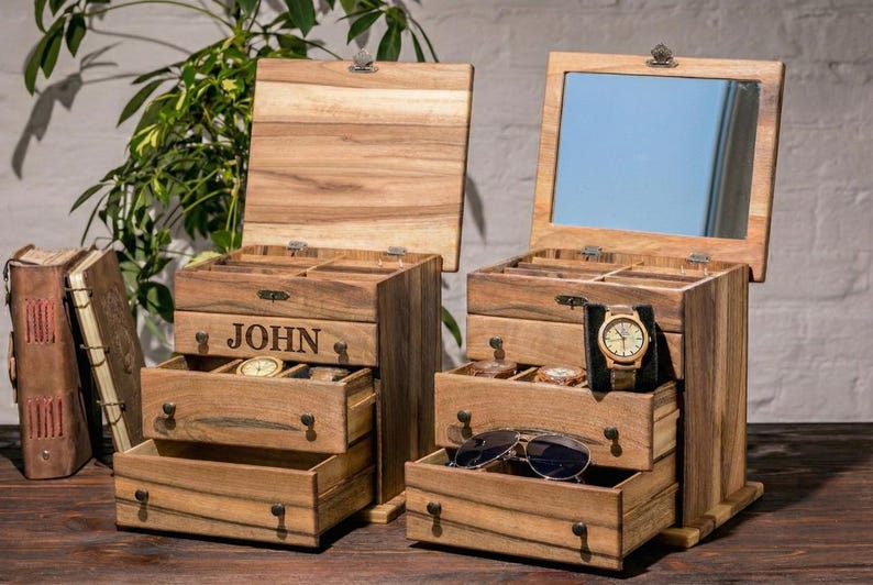 Large Walnut Jewelry Box with Drawers | Mid Century Modern Wood Organizer | Luxury Watch & Sunglasses Case | Personalized Gift for Her image 4