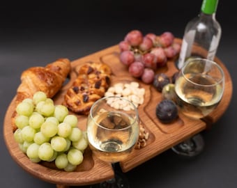 Handmade Personalize Wine Gifts, Custom Engraved Portable Wine Table for Picnics, Outdoor Cheese Plate, Gift For Wedding, Natural Oak Table