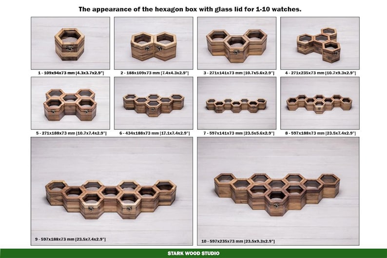 K&ouml;nnte beinhalten: Zehn sechseckige Holzkisten mit Glasdeckeln, jede Kiste hat eine andere Gr&ouml;&szlig;e und reicht von 11 cm bis 60 cm L&auml;nge. Die Kisten sind aus hellem braunem Holz gefertigt und haben ein Wabenmuster. Die Kisten sind in Reihen von zwei, drei und f&uuml;nf angeordnet.