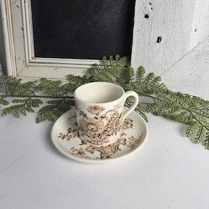 Vintage Royal Crownford Staffordshire Brown Transferware Demitasse Cup & Saucer Set