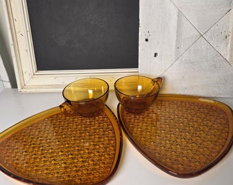 Vintage Anchor Hocking Daisy and Button Amber Glass Snack Set of 2