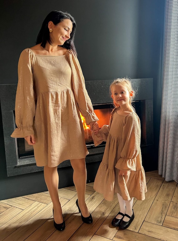 Gold Glitter Muslin Dress, Matching Mom Daughter Outfit - Etsy
