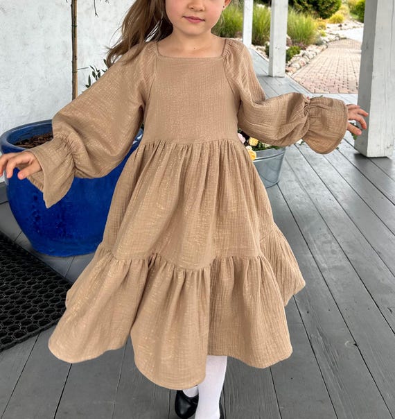 Gold Muslin Dress for Girl, Glitter Beige Cotton Autumn Dress - Etsy