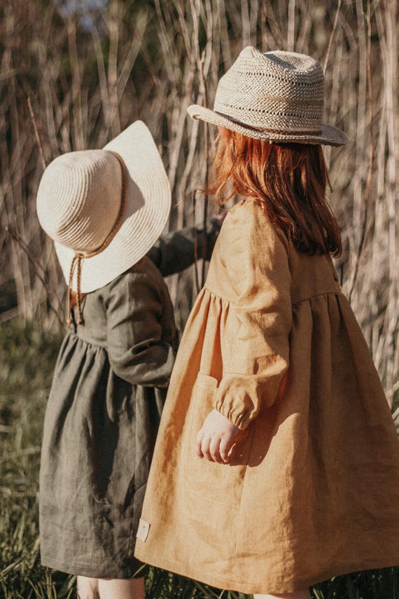 Linen Girl's Dress with Pockets, Retro Boho Toddler Fashion