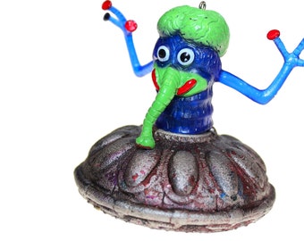 Retro Toy Monster UFO Ornament, Recycled Sci Fi Alien Whimsical Geek Holiday Decor, Assemblage Novelty Weird Nerd Christmas Gift, MON2