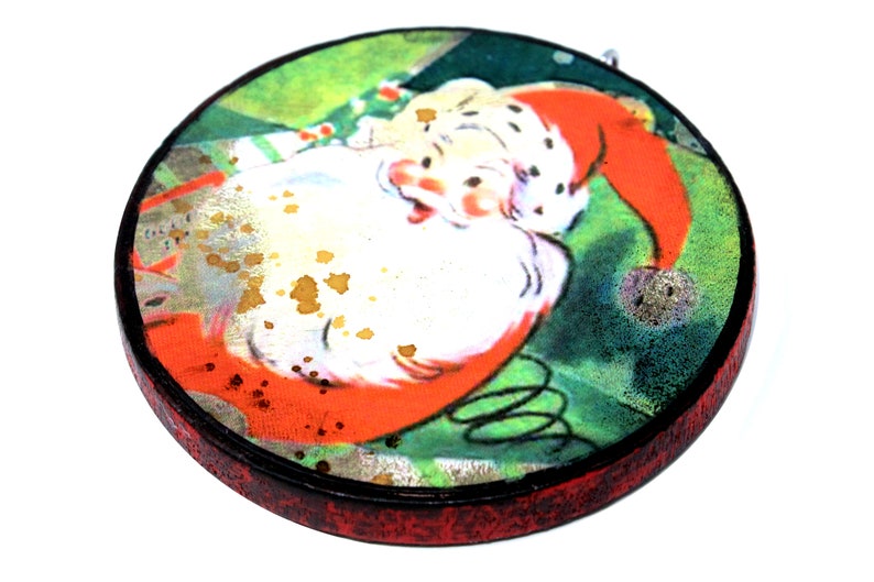 Retro Ephemera Mid Century Santa Ornament Vintage Kitsch Recycled Wood Christmas Decor Whimsical Handmade Gift