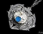 Vintage Blue Heart Necklace, Steampunk Heart Necklace, Clockwork Heart Necklace, Vintage Watch, Victorian Inspired Necklace, Art Nouveau