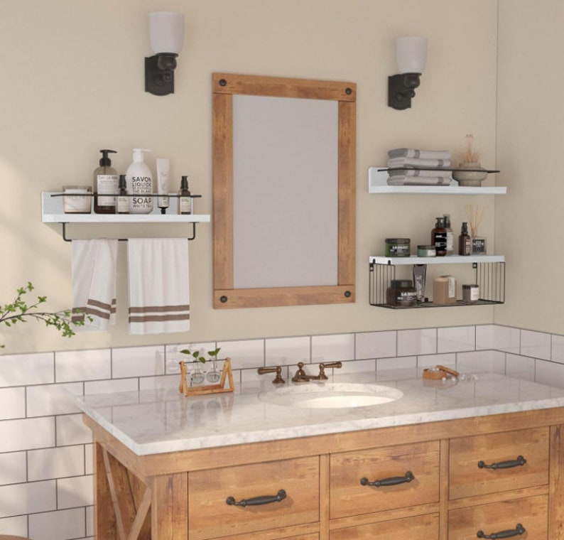 Set of 3 Wooden Bathroom Shelves With Basket Floating Shelves Wall ...