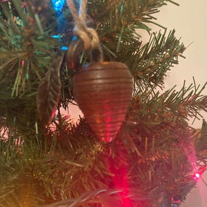 Turned Christmas Ornament: Walnut &quot;Pine Cone&quot;  with leaf accent