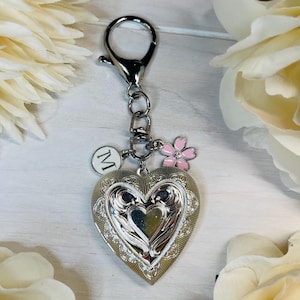 Valentine Heart | Heart Locket | Silver Locket | Large Locket | Photo Keychain | Initial Charm | Locket Keychain | Diaper Bag Clip | Lovers
