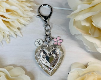 Valentine Heart | Heart Locket | Silver Locket | Large Locket | Photo Keychain | Initial Charm | Locket Keychain | Diaper Bag Clip | Lovers