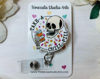 Skeleton Pills Pharmacy Tech | Medical ID Badge | Nurse Badge Reel | Funny Badge Holder | Coworker Gift