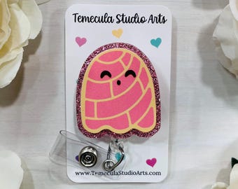 Concha Badge Holder | Pink Ghost Badge | Cookie Badge Reel | Nurse Gift | Student Gift | Nursing Student Gift | Pink Glitter Lanyard