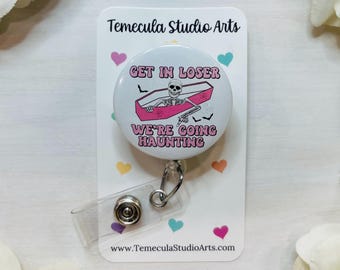 Pink Halloween Badge Reel | Pink Skeleton Badge Reel | Custom Badge Reel | Pinch Clip Badge Reel | Work Badge Holder | Pink Coffin Lanyard