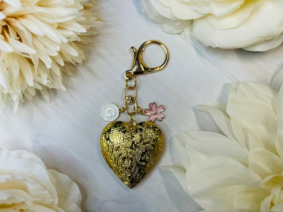 TemeculaStudioArt Valentine Heart | Heart Locket | Gold Locket | Large Locket | Photo Keychain | Initial Charm | Locket Keychain | Diaper Bag Clip | Lovers