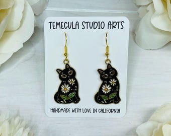Cat Earrings | Black Cat Earrings | Enamel Cats | Cat Jewelry | Daisy Jewelry | Dangle Earrings | Cat Gift