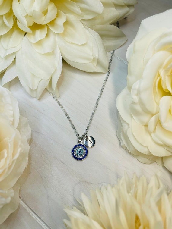 Evil Eye Necklace Crystal Necklace Evil Eye Charm Initial Jewelry Bridesmaids Gift First Communion Gift Protection Jewelry