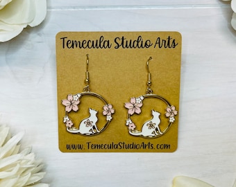 Sakura Cat Earrings | Pierced Earrings | Cute Sakura Earrings | Cute Jewelry | Cute Cat Jewelry | Lightweight Earrings
