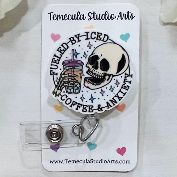 Iced Coffee Badge Reel | Coffee Lover Gift | | Fueled By Coffee | Iced Coffee Badge Reel | Skull | Teacher Gift | Coffee Gift | Anxiety