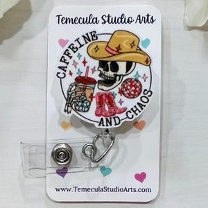 Skeleton Badge Reel | Caffeine Badge Reel | Medical ID Badge | Nurse Badge Reel | Funny Badge Holder | Chaos | Iced Coffee | Cowboy Hat