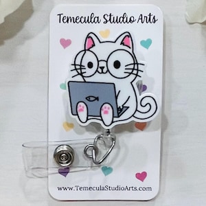 Cat | Medical ID Badge | Pinch Clip Badge Reel | Computer Cat | Funny Badge Holder | Humorous Gift | Cat Lover