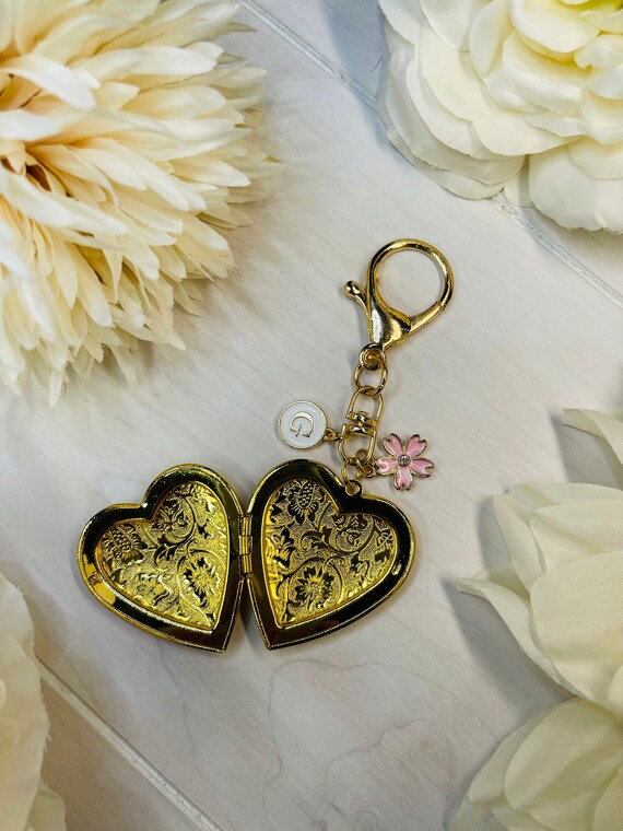 TemeculaStudioArt Valentine Heart Heart Locket Gold Locket Large Locket Photo Keychain Initial Charm Locket Keychain Diaper Bag Clip Lovers