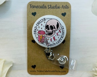Skull Badge Reel | Skeleton Badge Reel | Coffee Lanyard | Retractable Badge Reel | Skeleton Stethoscope Cover | Caffeinated | Dark Humor