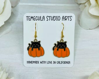 Pumpkin Earrings | Black Cat Earrings | Enamel Pumpkins | Cat Jewelry | Holiday Jewelry | Dangle Earrings | Cat Gift