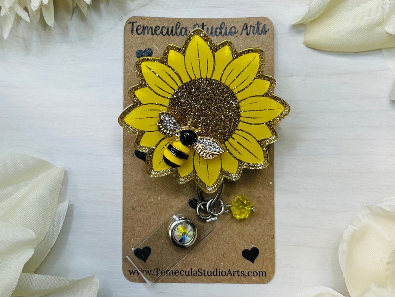 Sunflower Badge Reel Sunflower Gift Nurse Gift Student Gift Teacher Gift Badge Reels Pinch Badge Reel Cute Badge Reel Bee image 1