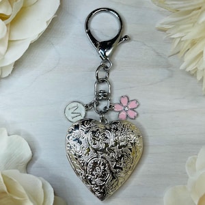 Valentine Heart | Heart Locket | Silver Locket | Large Locket | Photo Keychain | Initial Charm | Locket Keychain | Diaper Bag Clip | Lovers