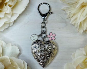 Valentine Heart | Heart Locket | Silver Locket | Large Locket | Photo Keychain | Initial Charm | Locket Keychain | Diaper Bag Clip | Lovers