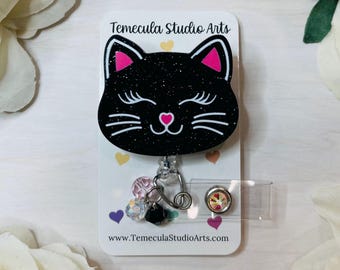 Cat Badge Reel | Cat Glitter Badge Holder | Cute Black Cat | Stethoscope Name Badge | Retractable Lanyard | Retractable Badge Reel