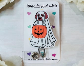 Dog Badge Reel | Dog Lanyard | Medical ID Badge | Pinch Clip Badge Reel | Nurse Badge Reel | Badge Holder | Ghost Dog | Halloween Dog Magnet