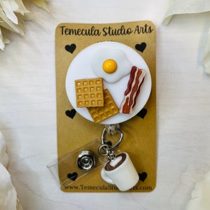 Food Service Badge Reel | Waitress Gift | Waiter Gift | Bacon and Eggs | Pancakes | Miniature Coffee Cup | Miniature Waffles Bacon Egg