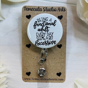 Funny Badge Reel | Badge Reel | Coworkers | Pinch Clip Badge Reel | Nurse Badge Reel Funny | Black Lanyard | Adulting | Functioning Adult