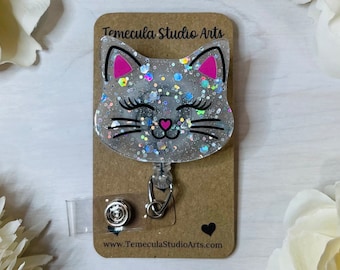 Cat Badge Reel | White Glitter Cat | Nurse Student Gift | Student Gift | Clinicals Gift | Badge Reels | Pinch Badge Reel | Coworker Gift