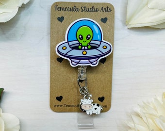 Alien Badge Reel | Badge Reel | Medical ID Badge | Nurse Badge Reel Funny | UFO | Spaceship | Alien | Flying Saucer | Cow