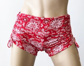 Red Bandanna Shorts - Paisley - Hot Yoga Shorts - Plus Size Workout - Pole - Swim - Festival - SXYfitness - made in USA -