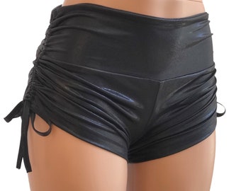 Black Metallic Shorts - Hot Yoga Shorts - Biker Costume Shorts - Pole Fitness - Low Rise - Metallic Swim Shorts - Festival - SXYFITNESS USA