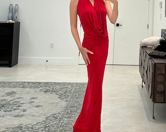 Czerwona sukienka z odkrytymi plecami, z lycry, maxi lub mini, ręcznie robiona w USA
